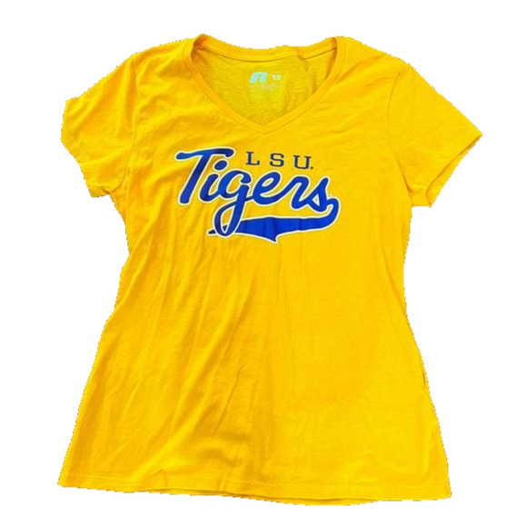 RUSSELL ATHLETIC Women’s LSU Tigers V-Neck Game Day Shirt Yellow Purple football - Picture 1 of 3